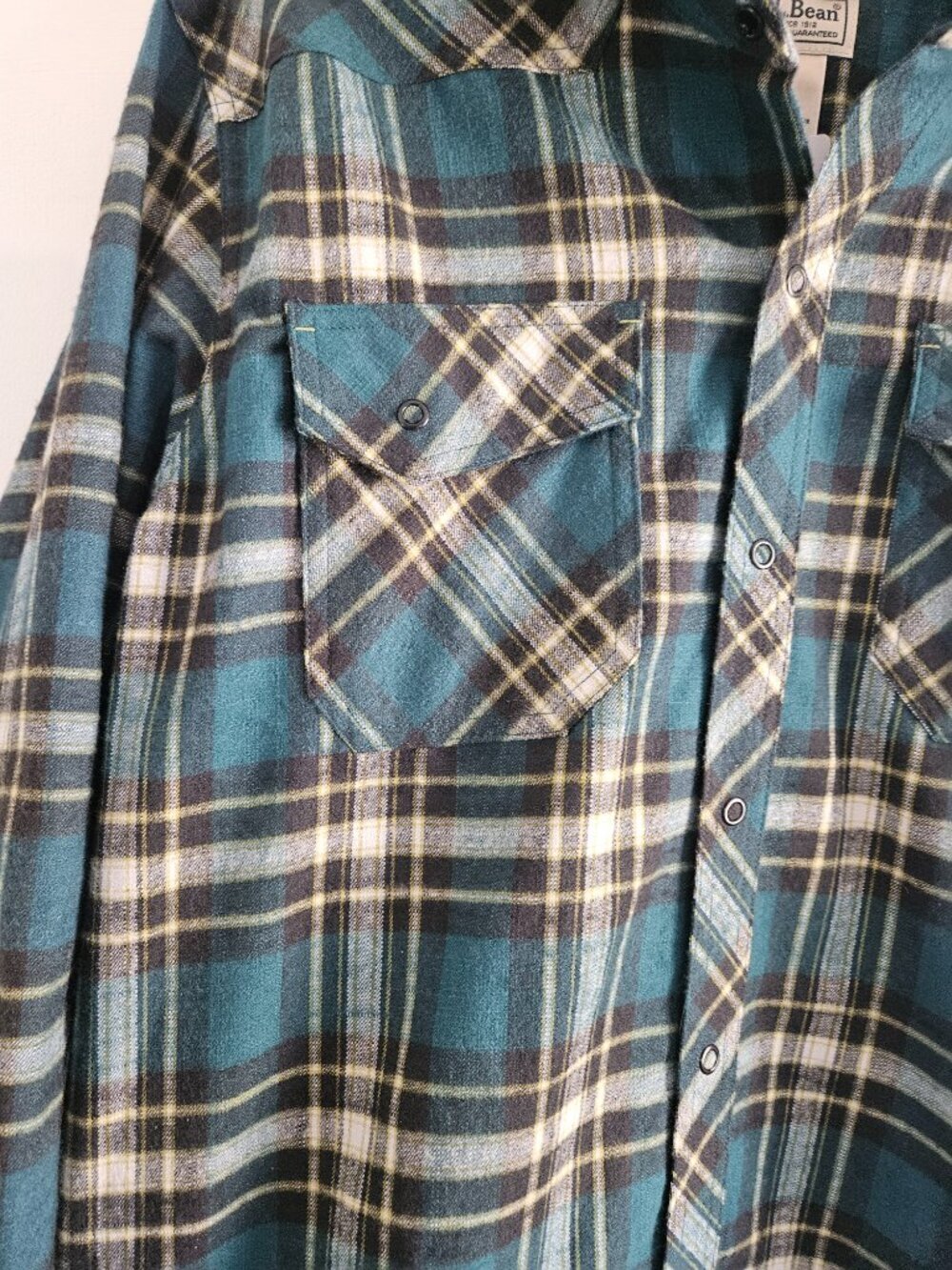 L.L. Bean Teal Snap Buttons Plaid Flannel Large Shirt - Picture 5 of 8